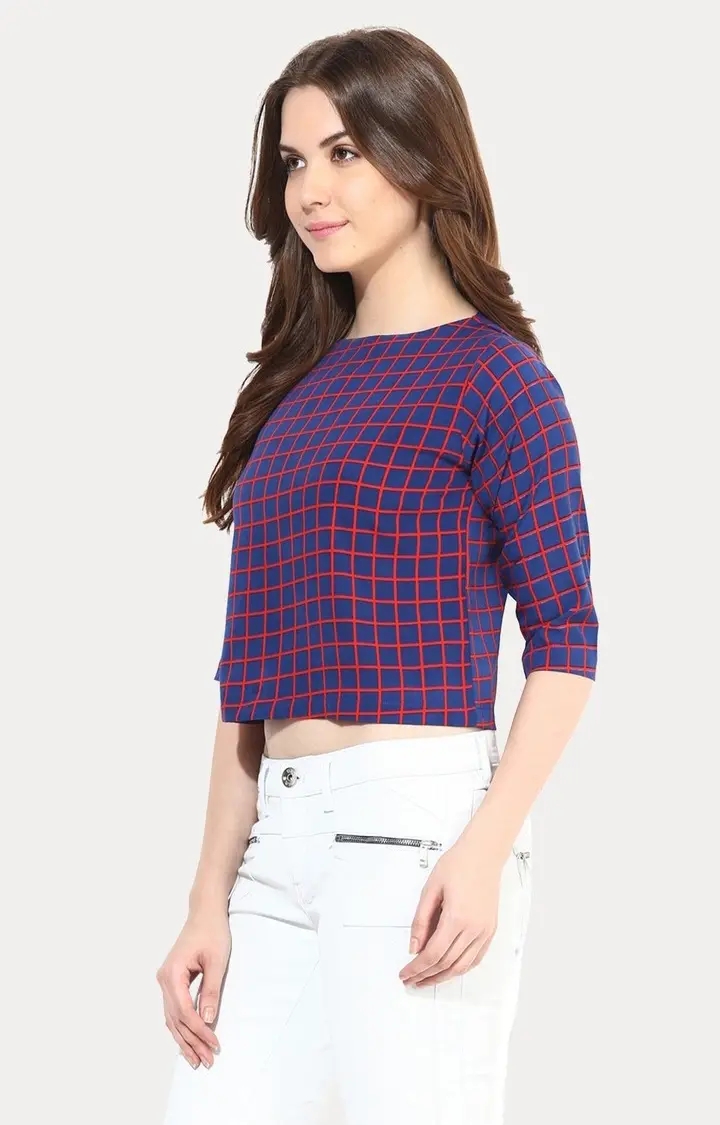 Women's Blue Crepe CheckedCasualwear Crop Top