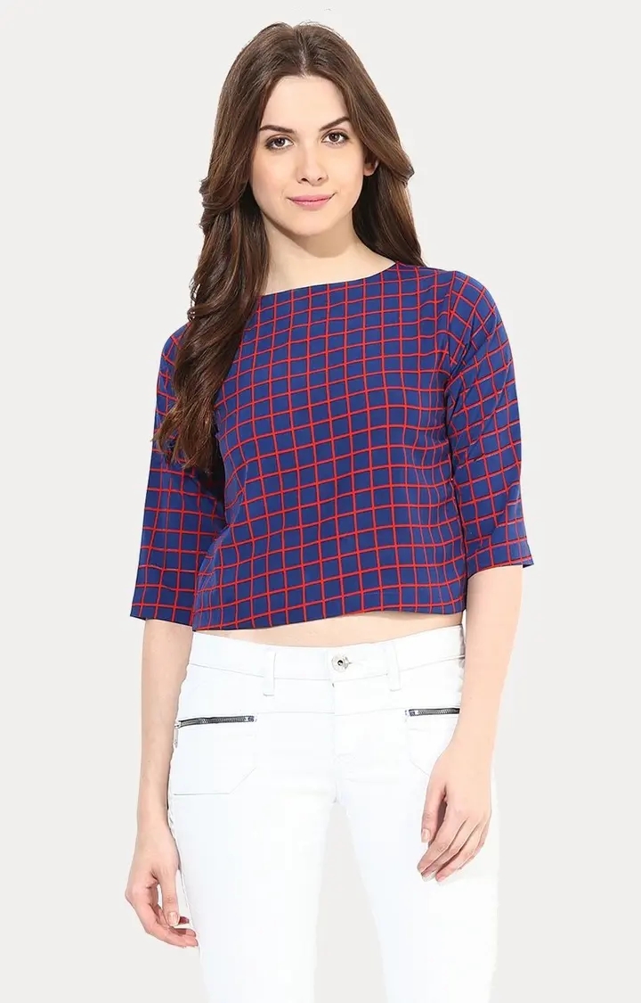 MISS CHASE | Women's Blue Checked Crop Top