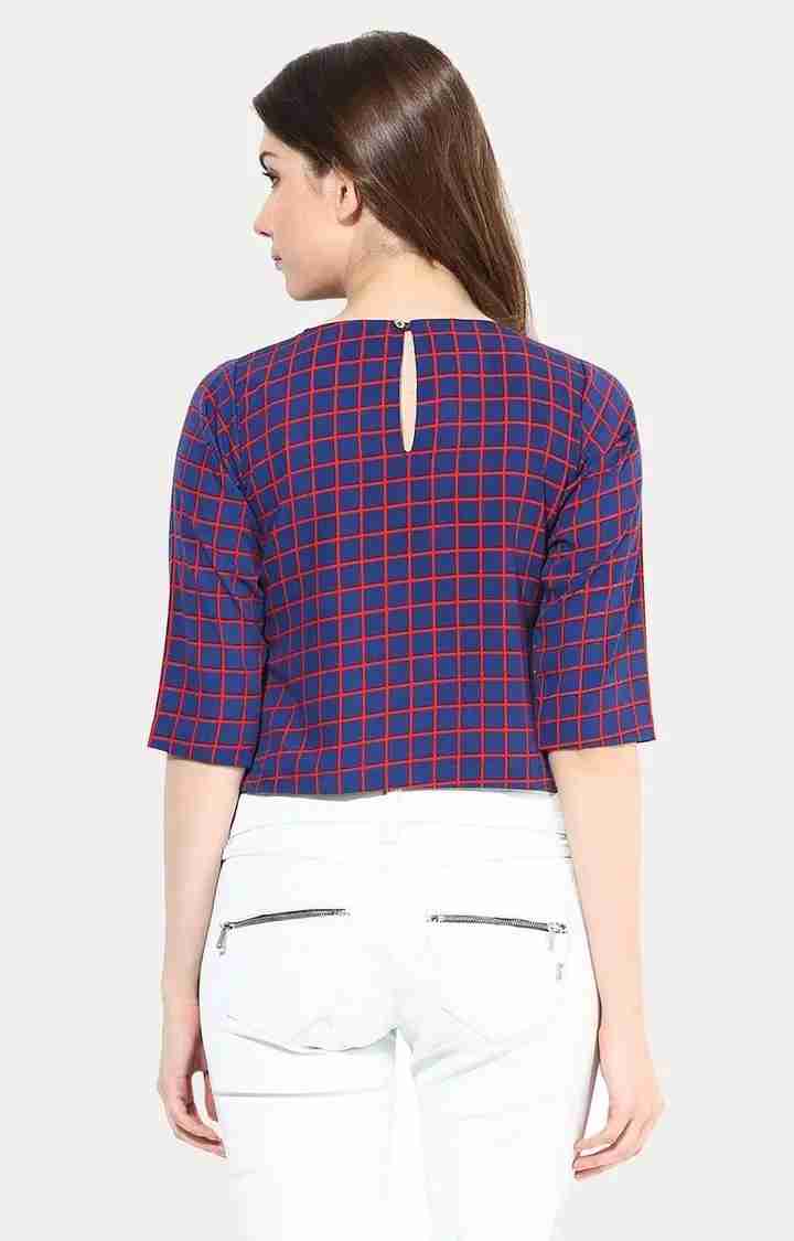 Women's Blue Crepe CheckedCasualwear Crop Top