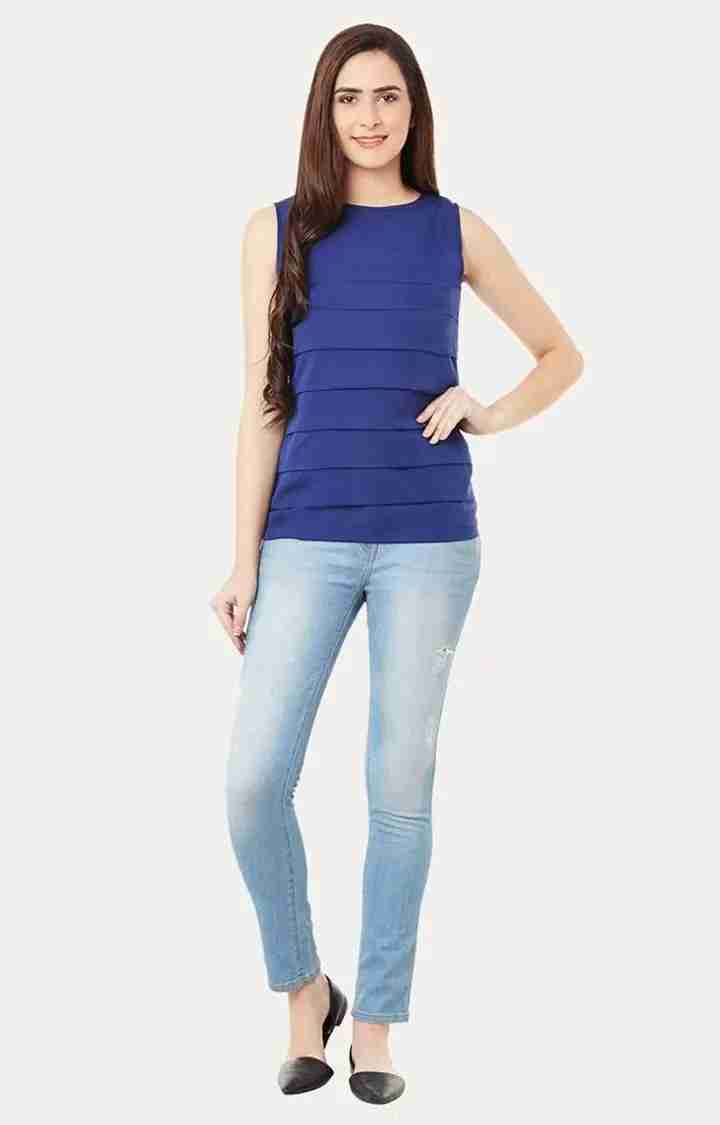 Women's Blue Crepe SolidCasualwear Tops