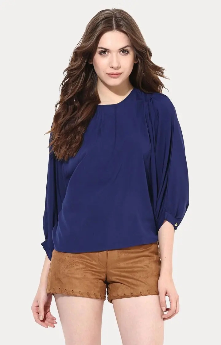 MISS CHASE | Women's Blue Crepe SolidCasualwear Blouson Top