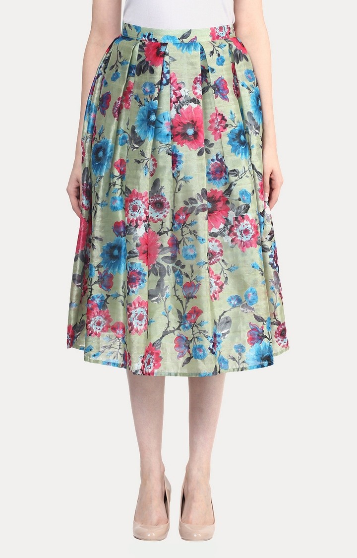 MISS CHASE | Women's Green Floral Pleated Skirt