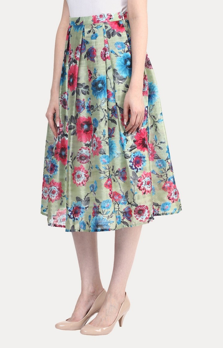 Women's Green Floral Pleated Skirt