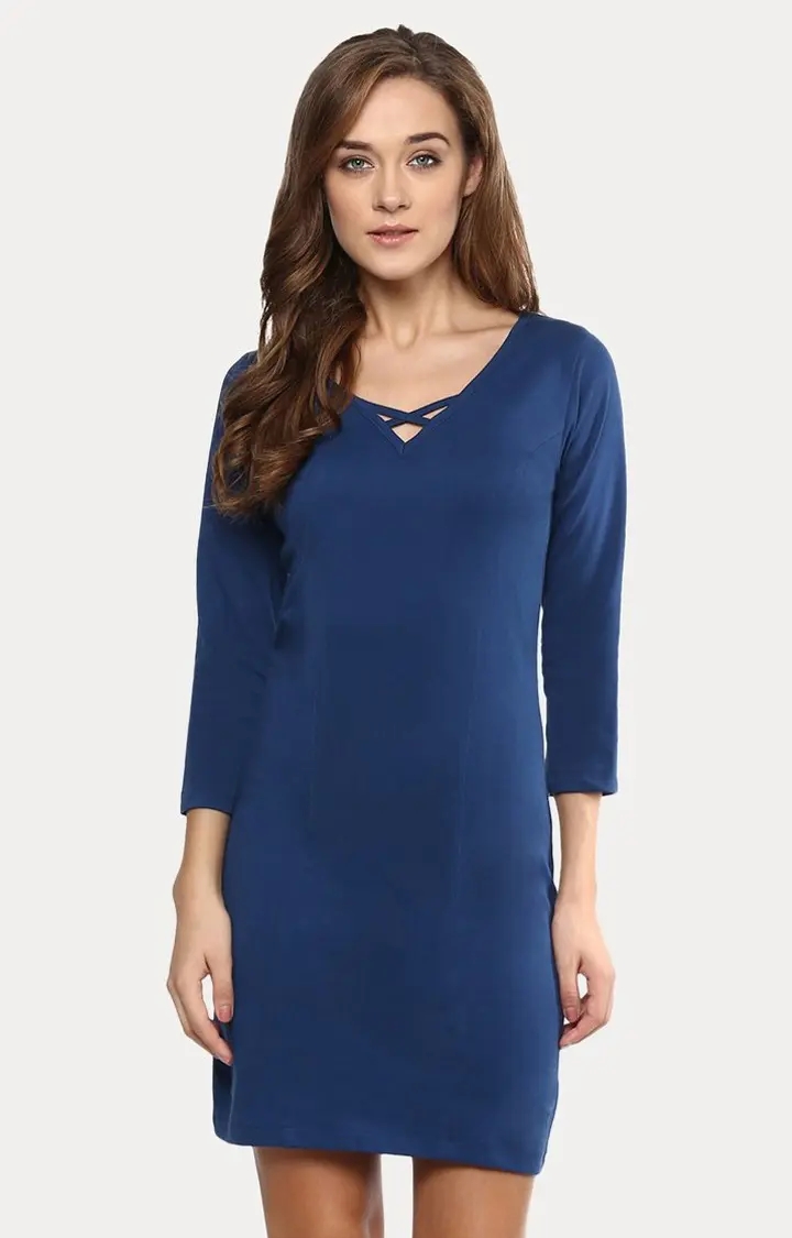 MISS CHASE | Women's Blue Viscose SolidCasualwear Bodycon Dress