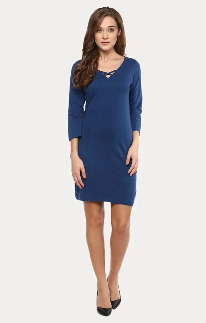 Women's Blue Viscose SolidCasualwear Bodycon Dress