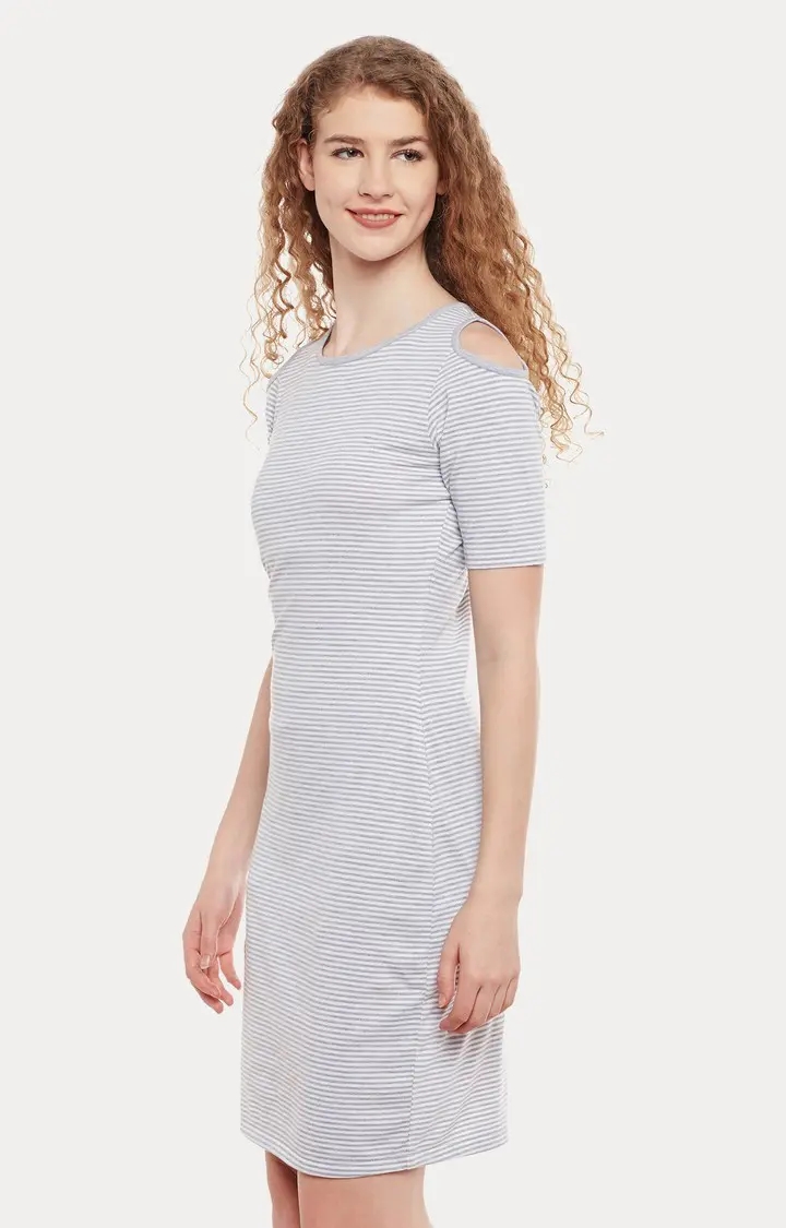 Women's Grey Cotton StripedCasualwear Shift Dress