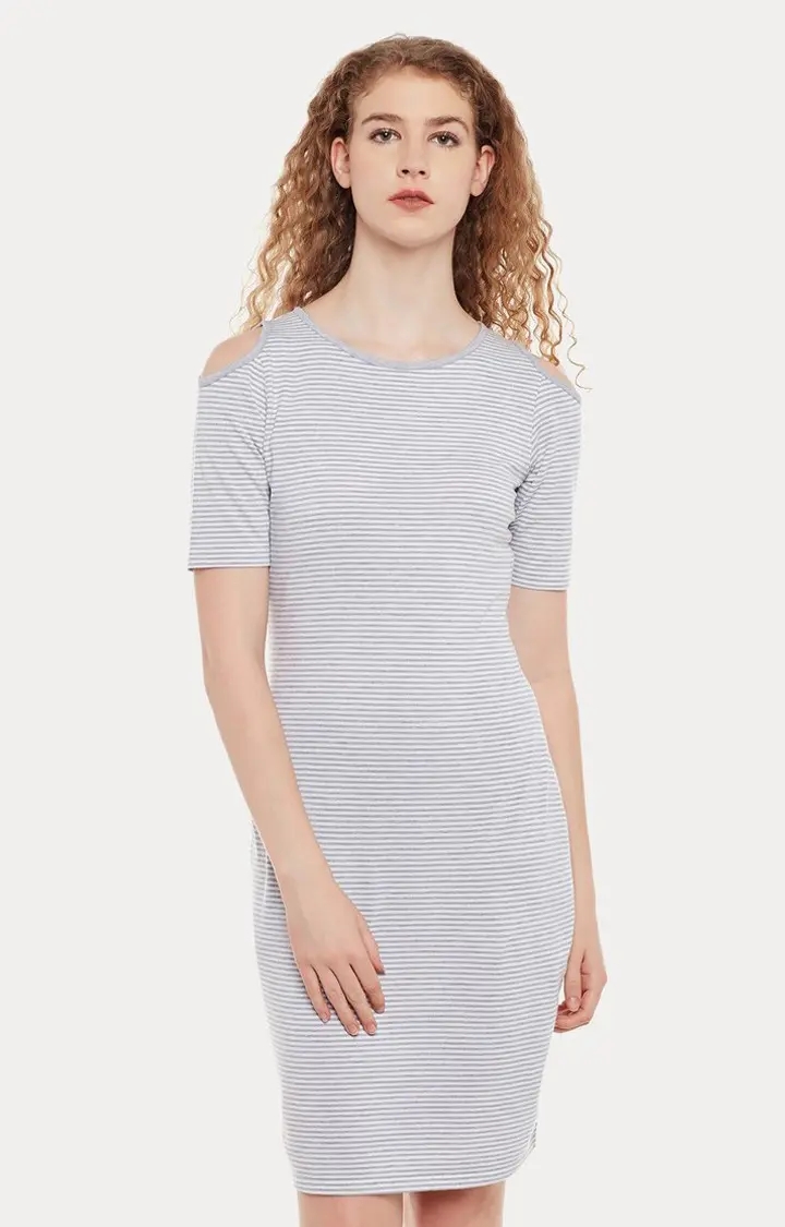 MISS CHASE | Women's Grey Cotton StripedCasualwear Shift Dress