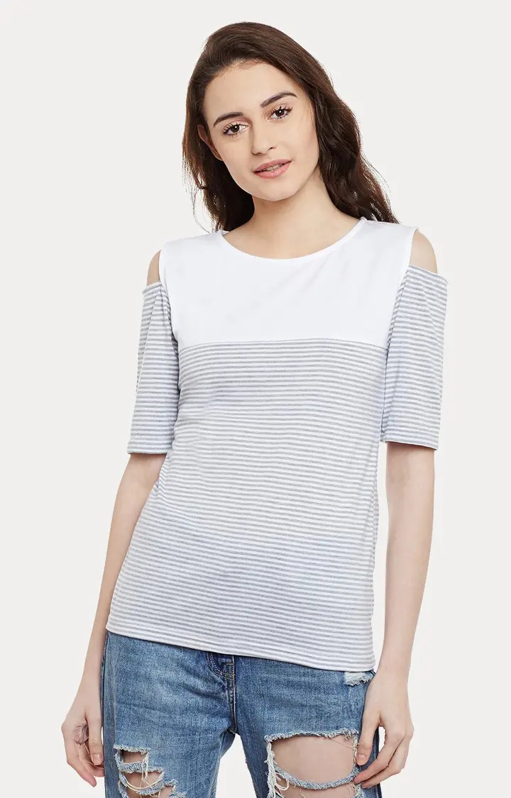 MISS CHASE | Women's Grey Cotton StripedCasualwear Regular T-Shirts