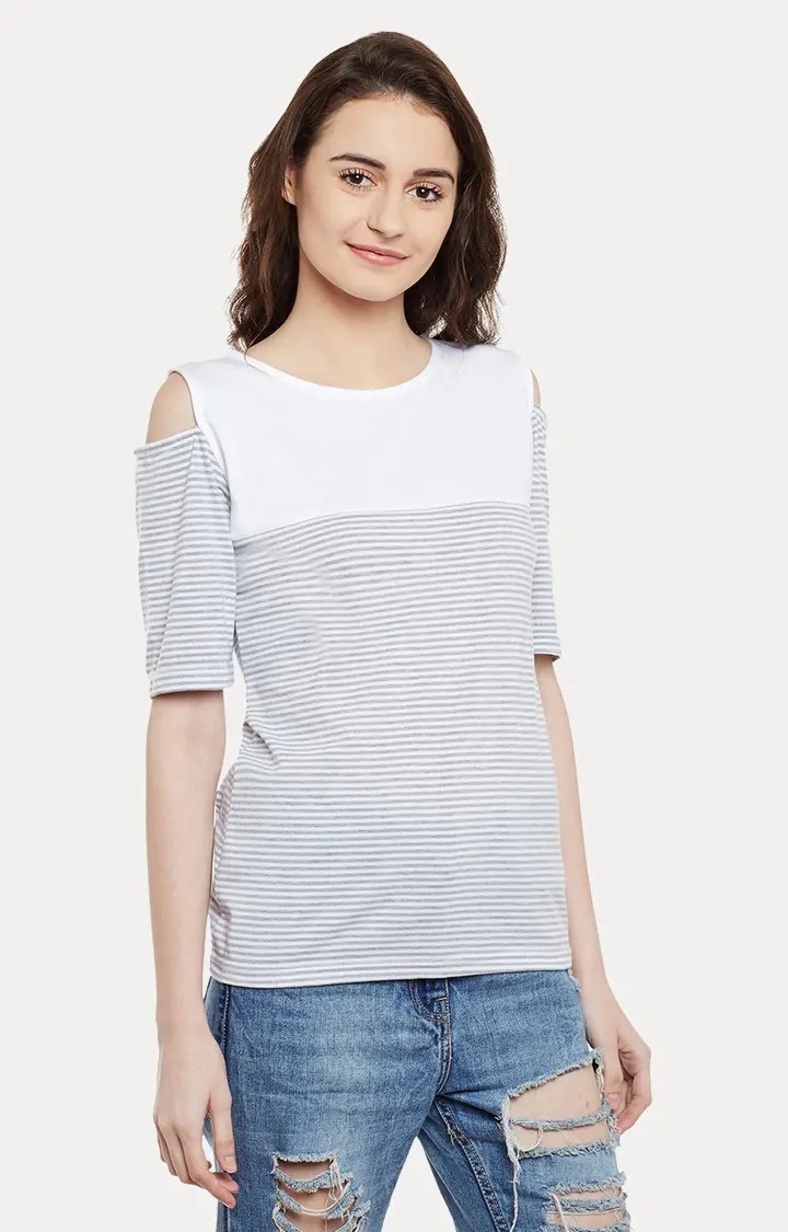 Women's Grey Cotton StripedCasualwear Regular T-Shirts