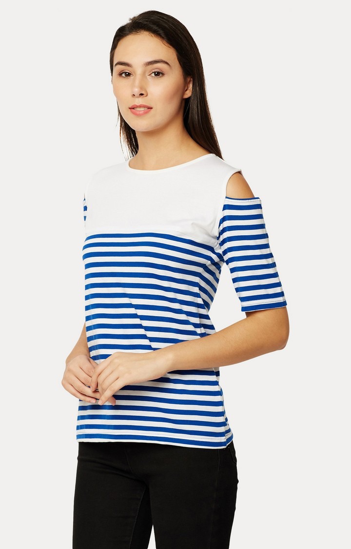 Women's Blue Cotton StripedCasualwear Tops