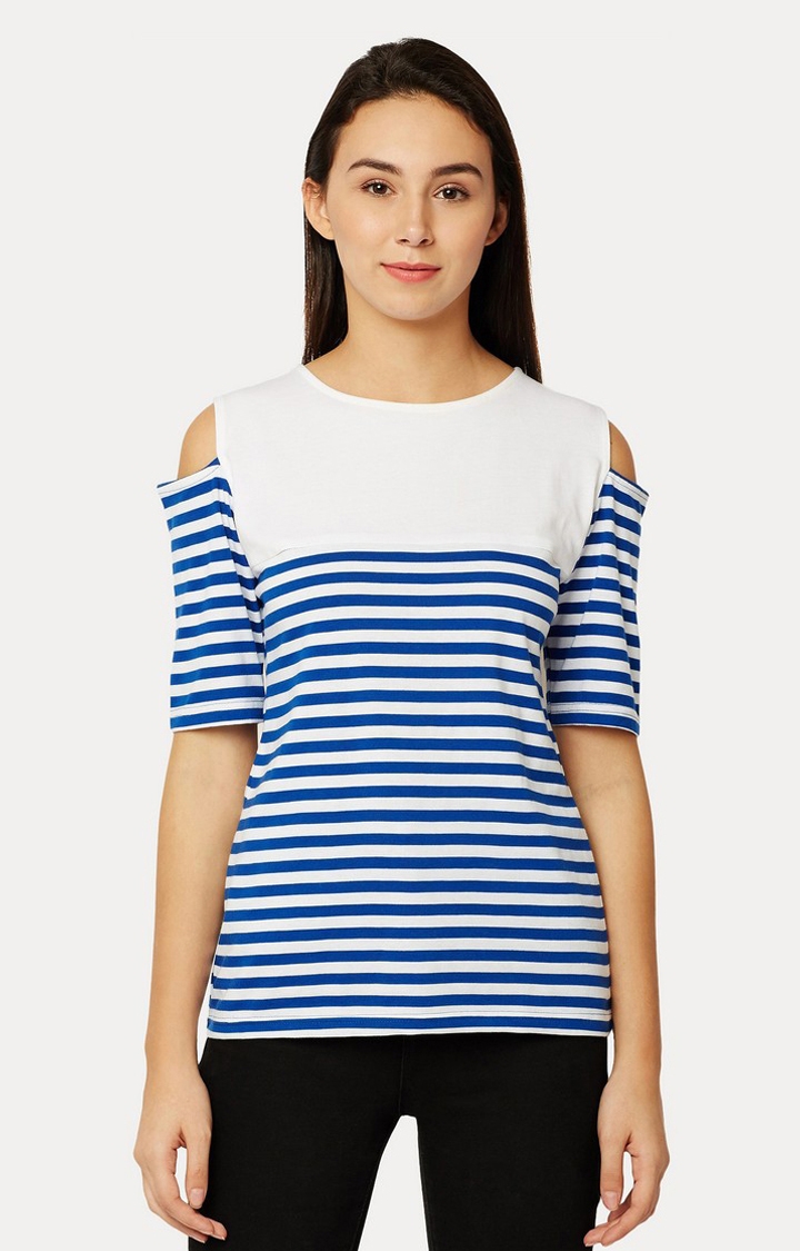 MISS CHASE | Women's Blue Cotton StripedCasualwear Tops