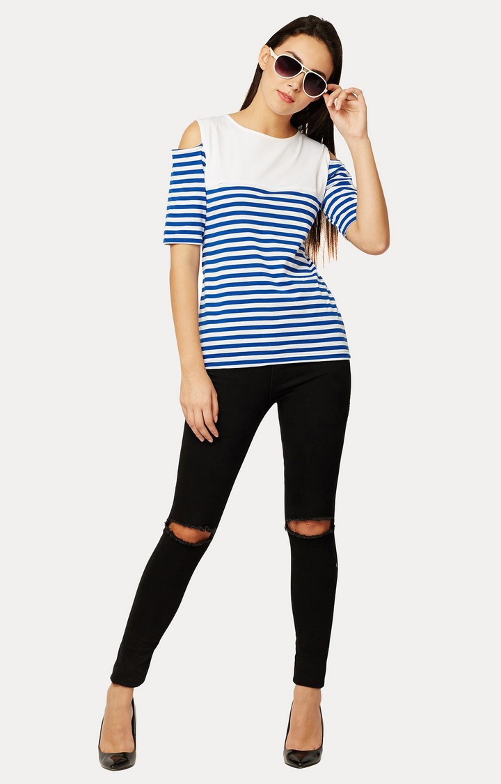 Women's Blue Cotton StripedCasualwear Tops