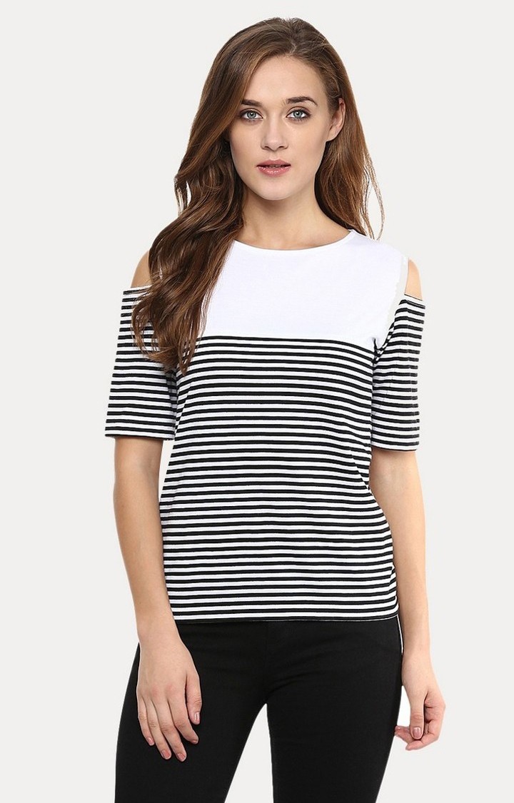 Women's Black Viscose StripedCasualwear Tops