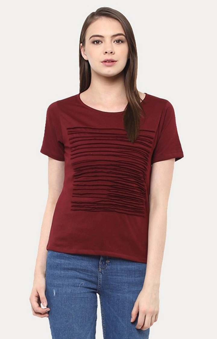MISS CHASE | Women's Red Viscose StripedCasualwear Regular T-Shirts