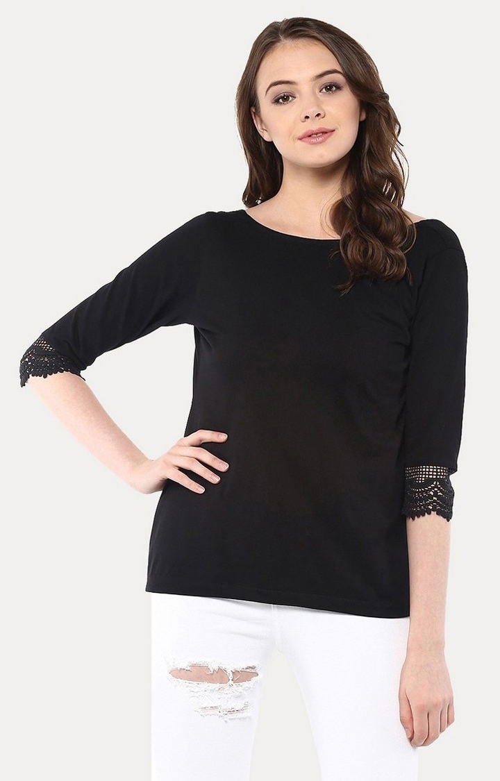 MISS CHASE | Women's Black Viscose SolidCasualwear Tops