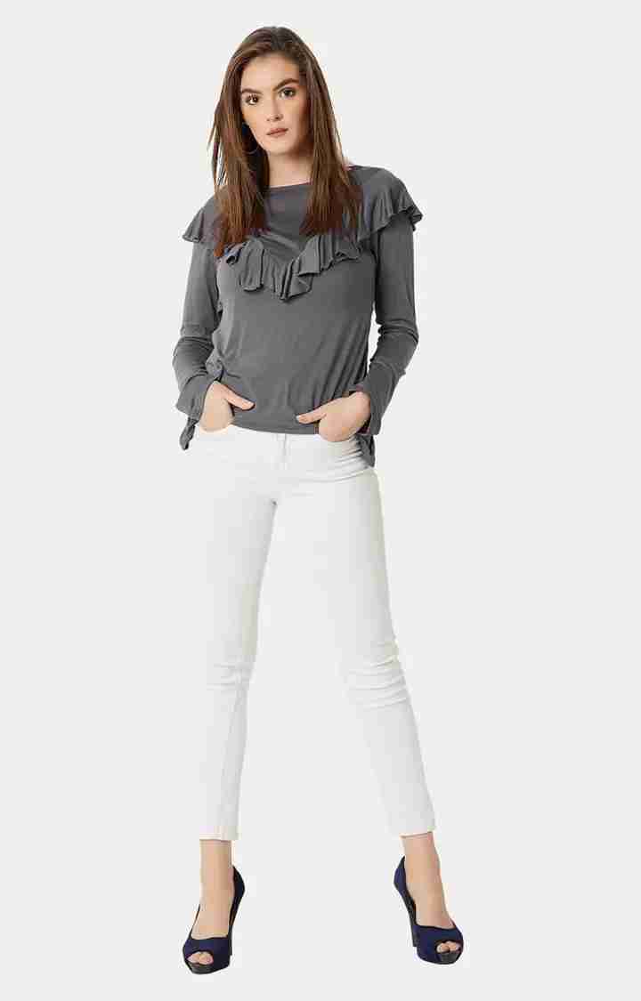 Women's Grey Polyester SolidCasualwear Tops