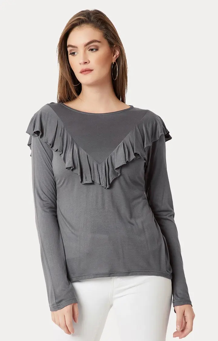 MISS CHASE | Women's Grey Polyester SolidCasualwear Tops