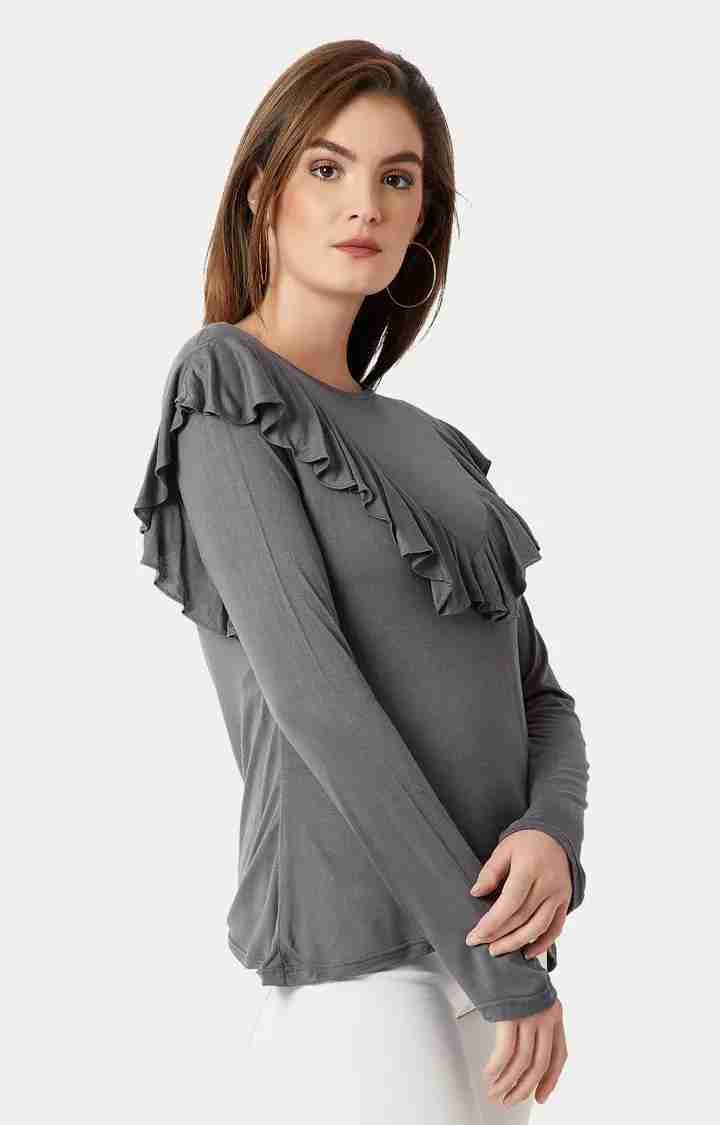 Women's Grey Polyester SolidCasualwear Tops