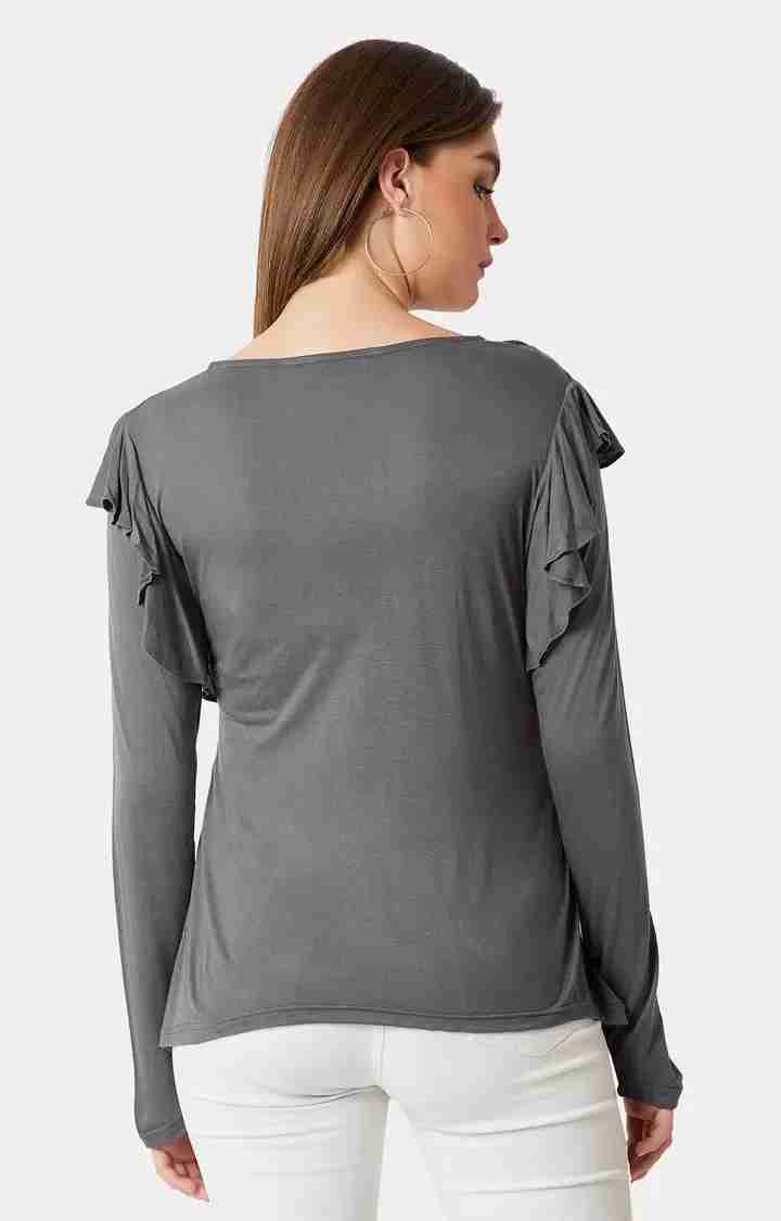 Women's Grey Polyester SolidCasualwear Tops