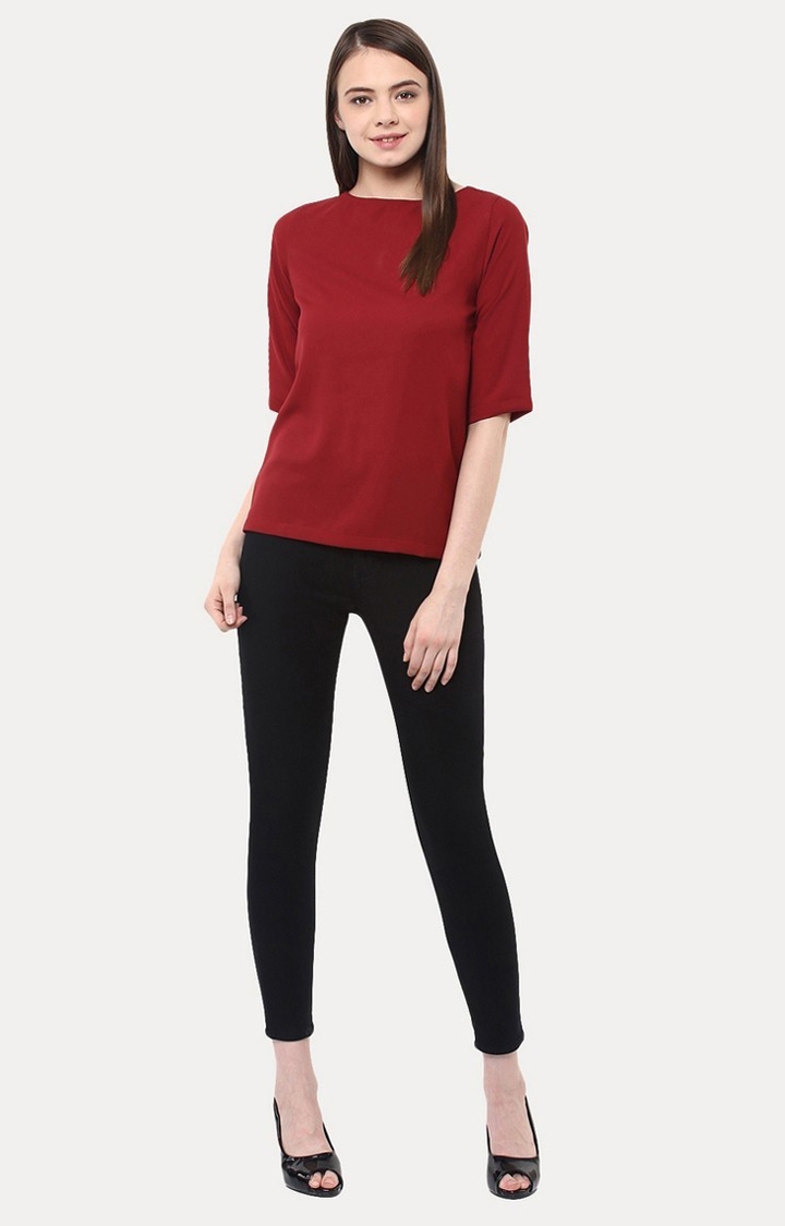 Women's Red Crepe SolidCasualwear Regular T-Shirts