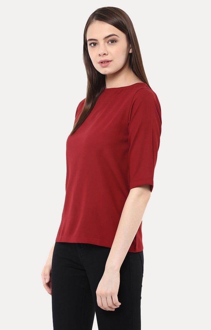 Women's Red Crepe SolidCasualwear Regular T-Shirts