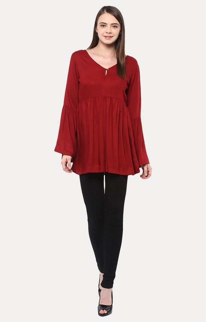 Women's Red Viscose SolidCasualwear Tunics