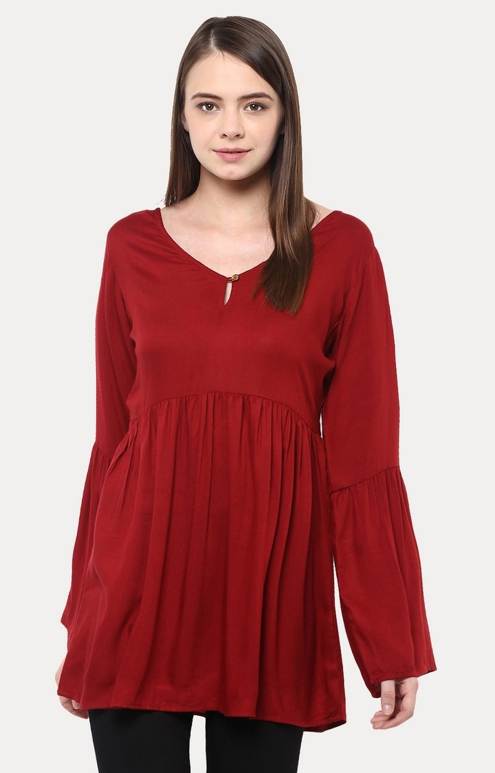MISS CHASE | Women's Red Viscose SolidCasualwear Tunics