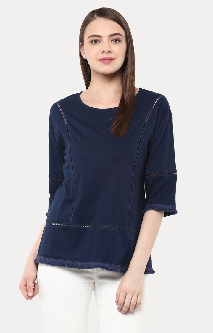 MISS CHASE | Women's Blue Viscose SolidCasualwear Tops