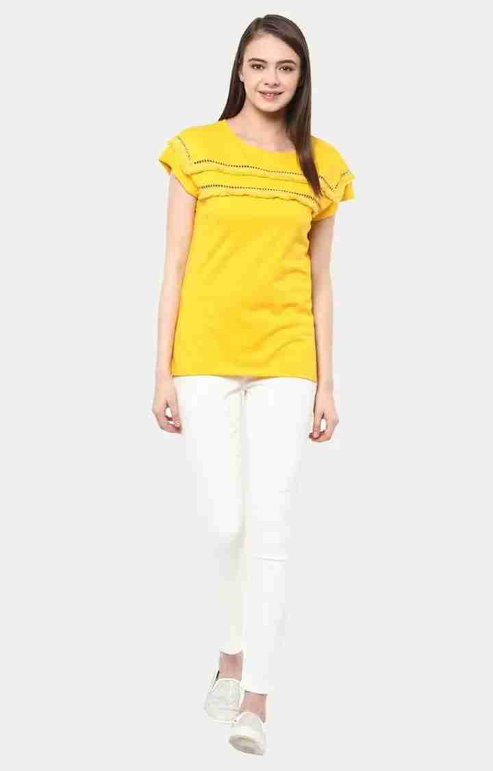 Women's Yellow Viscose SolidCasualwear Tops