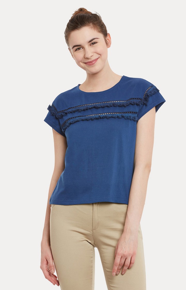 MISS CHASE | Women's Blue Cotton SolidCasualwear Tops