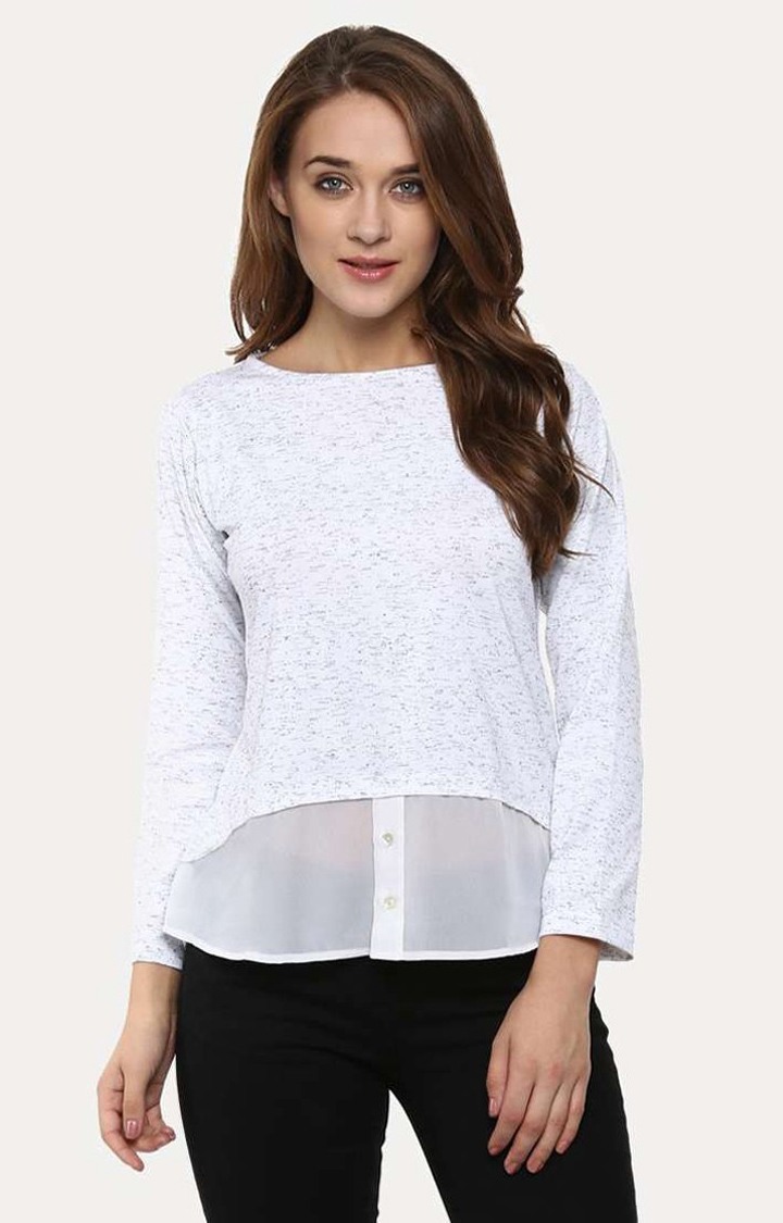 MISS CHASE | Women's White Viscose MelangeCasualwear Regular T-Shirts