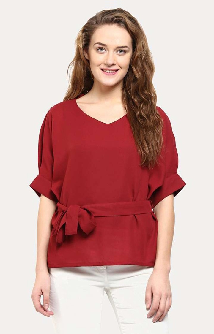 MISS CHASE | Women's Red Polyester SolidCasualwear Peplum Top