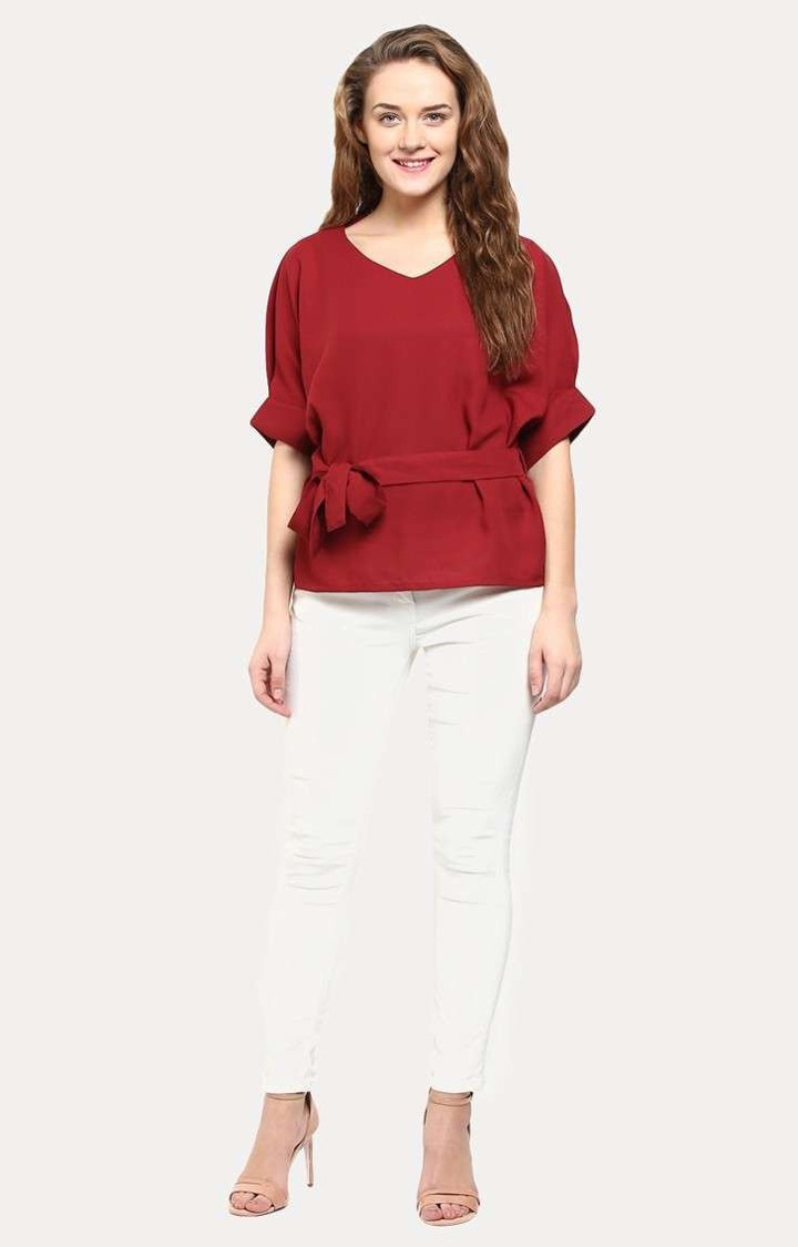 Women's Red Polyester SolidCasualwear Peplum Top