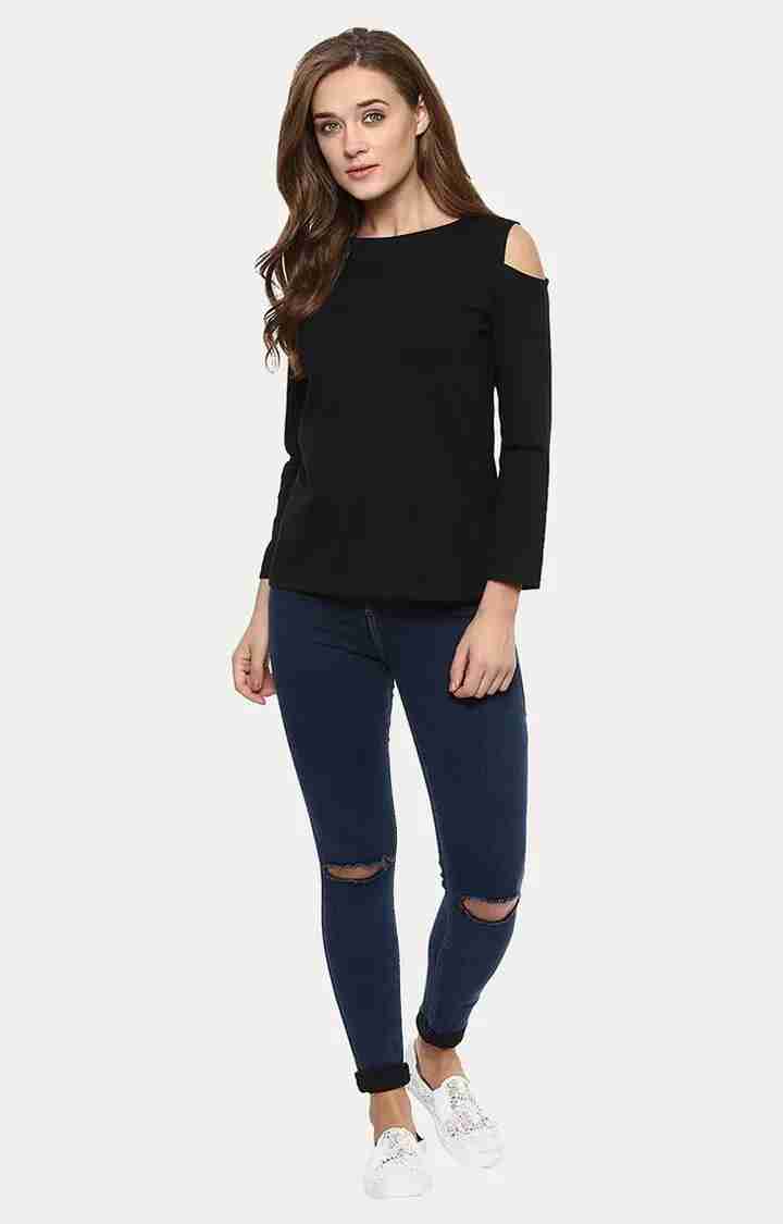 Women's Black Viscose SolidCasualwear Tops