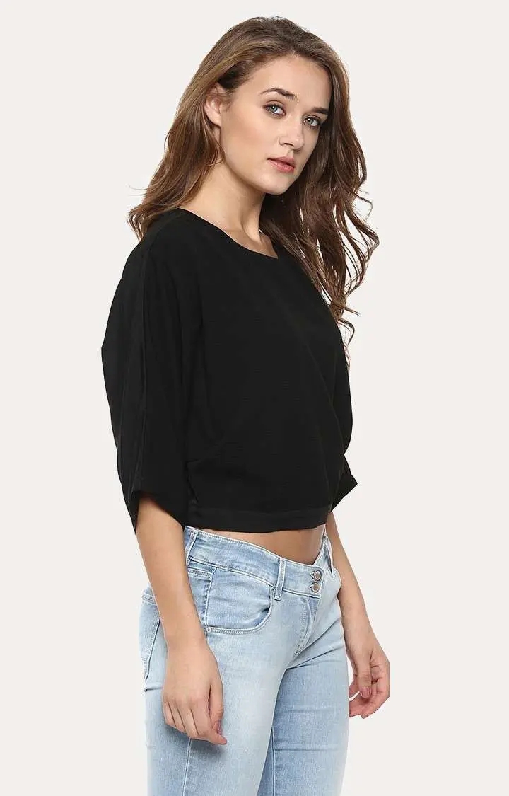 Women's Black Polyester SolidCasualwear Crop Top