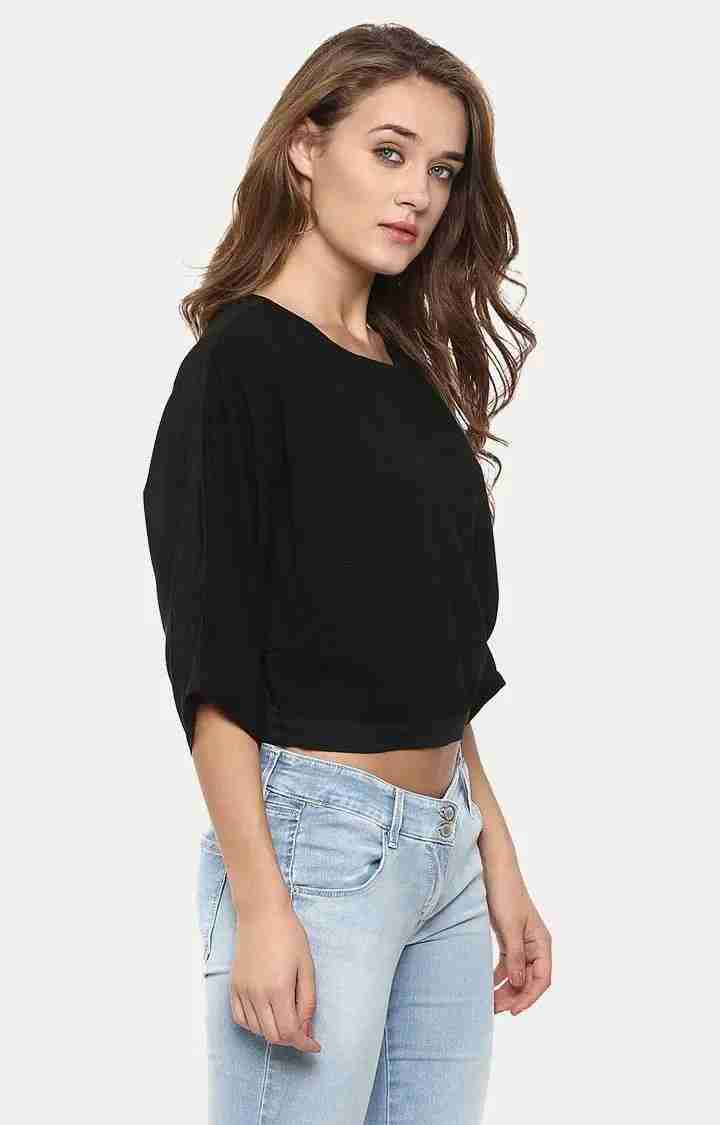 Women's Black Polyester SolidCasualwear Crop Top