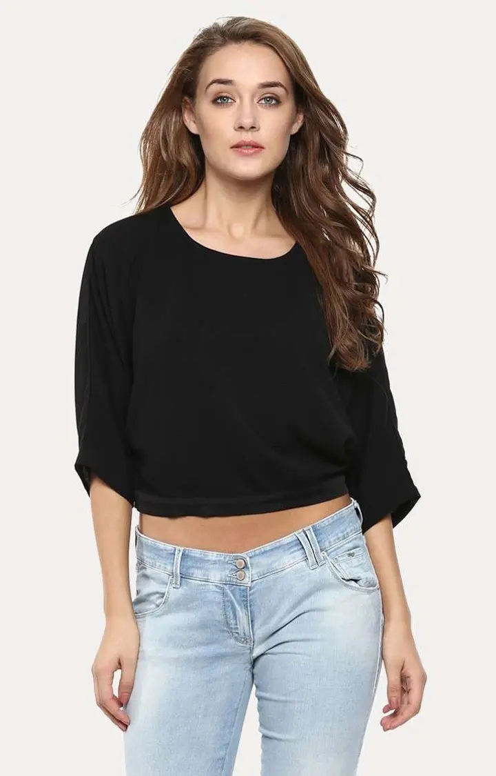 MISS CHASE | Women's Black Polyester SolidCasualwear Crop Top