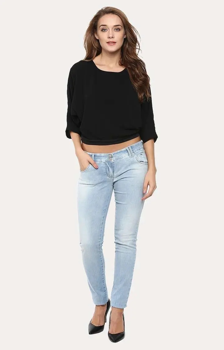 Women's Black Polyester SolidCasualwear Crop Top