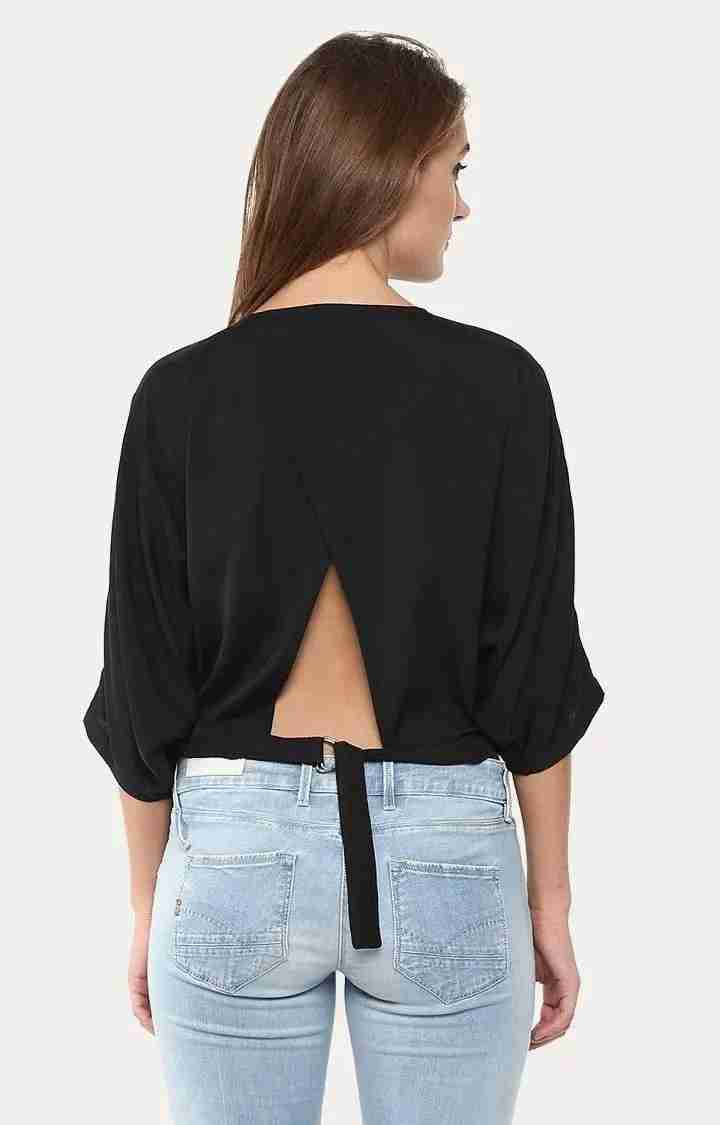 Women's Black Polyester SolidCasualwear Crop Top