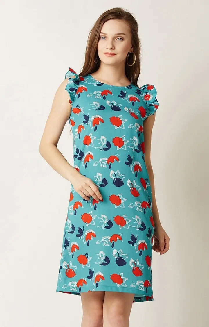 MISS CHASE | Women's Blue Polyester PrintedCasualwear Sheath Dress