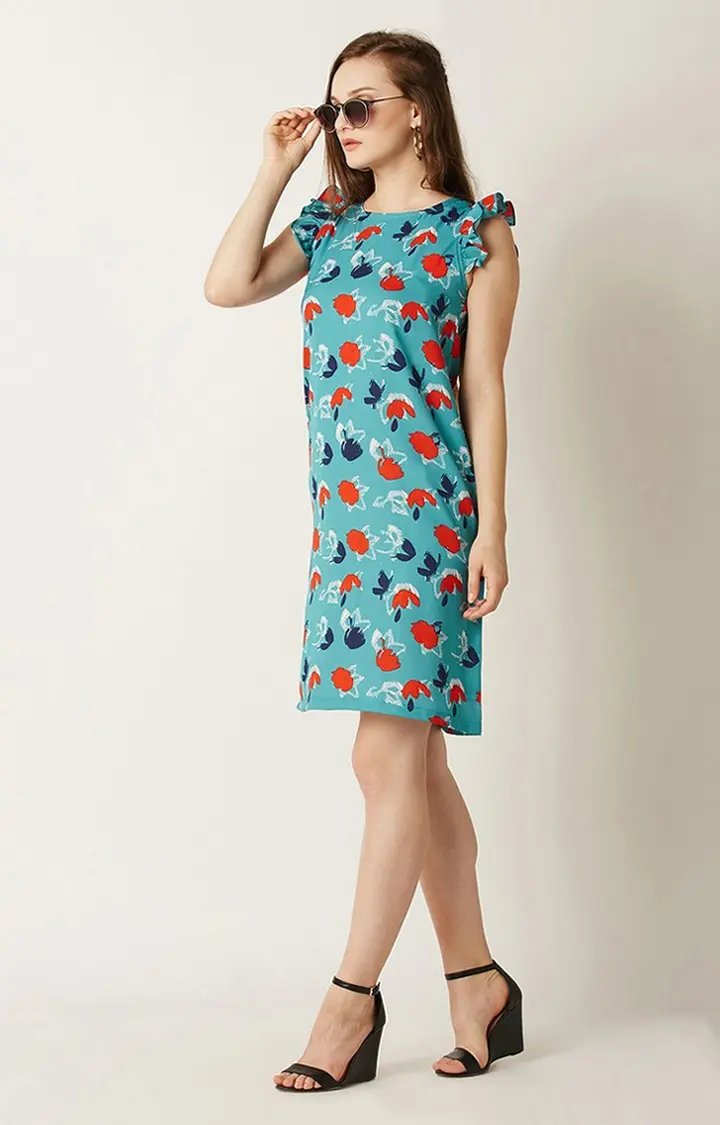 Women's Blue Polyester PrintedCasualwear Sheath Dress