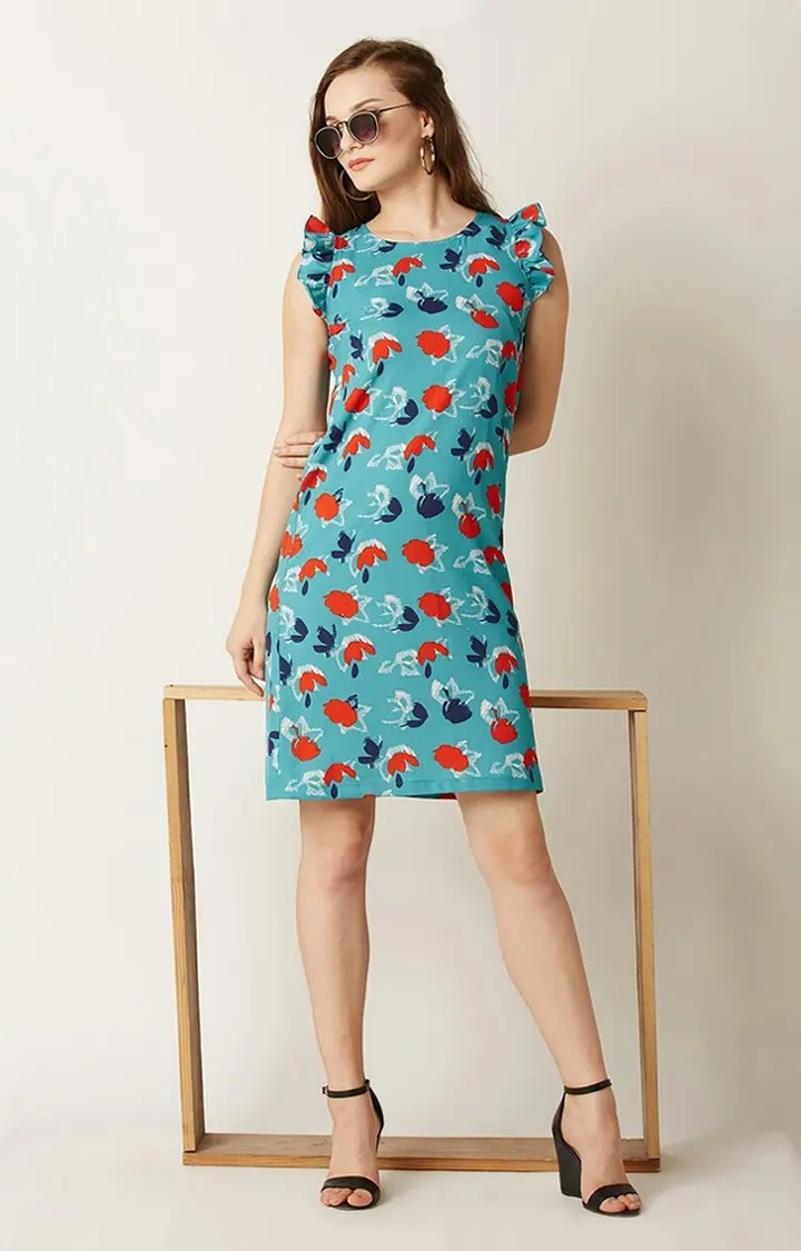 Women's Blue Polyester PrintedCasualwear Sheath Dress
