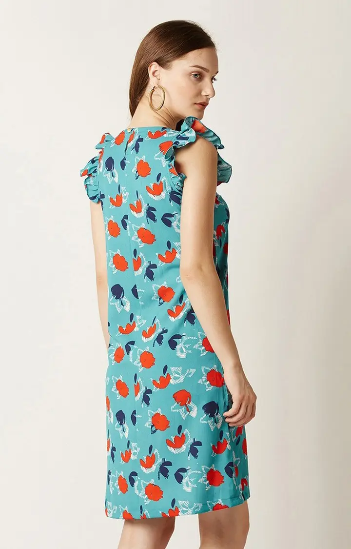 Women's Blue Polyester PrintedCasualwear Sheath Dress