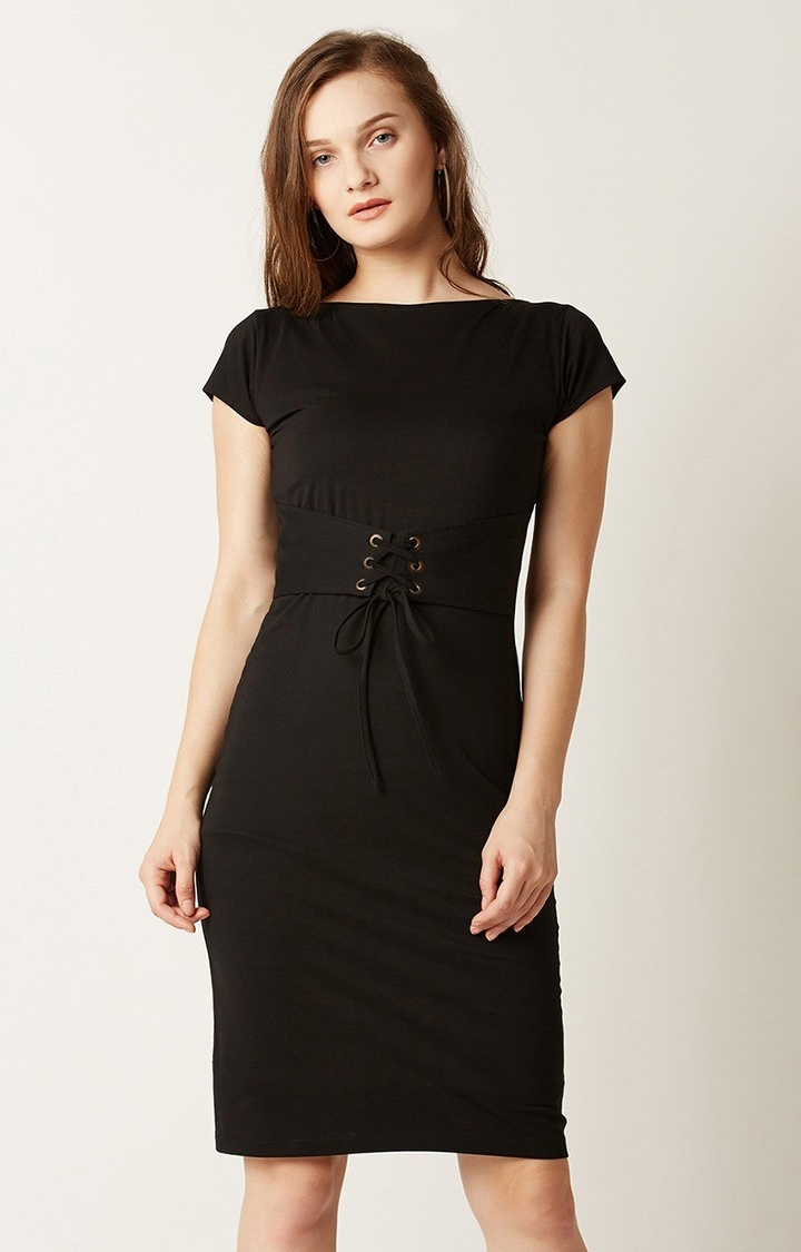 Women's Black Cotton SolidCasualwear Sheath Dress