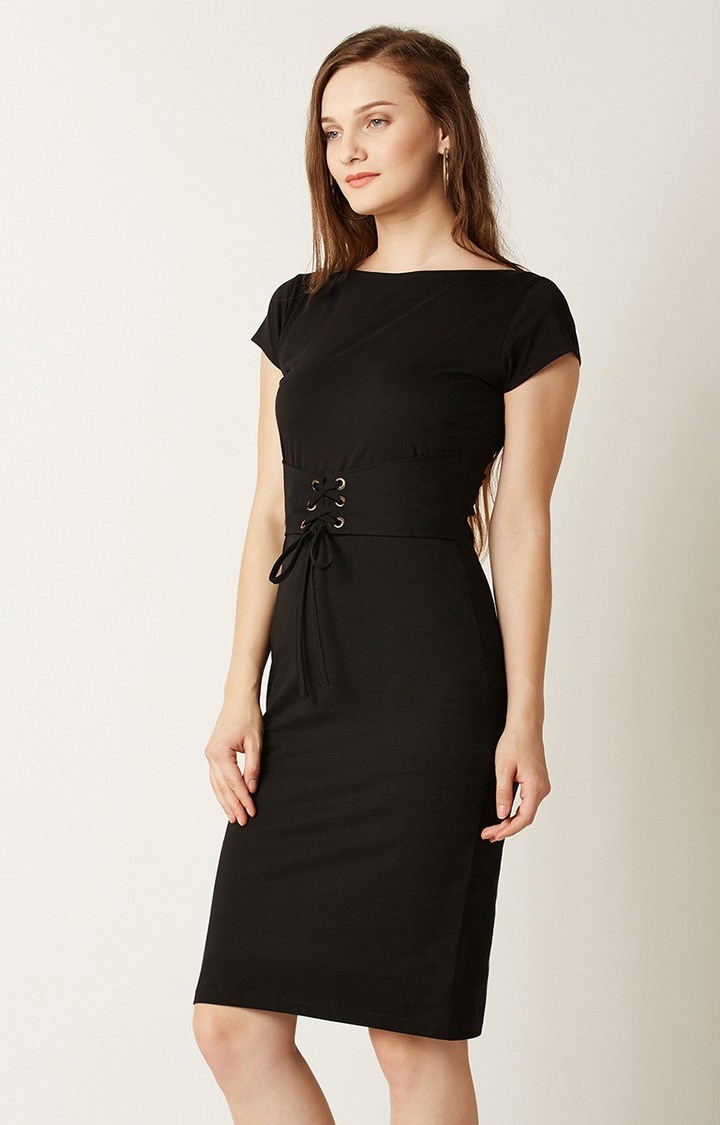 Women's Black Cotton SolidCasualwear Sheath Dress