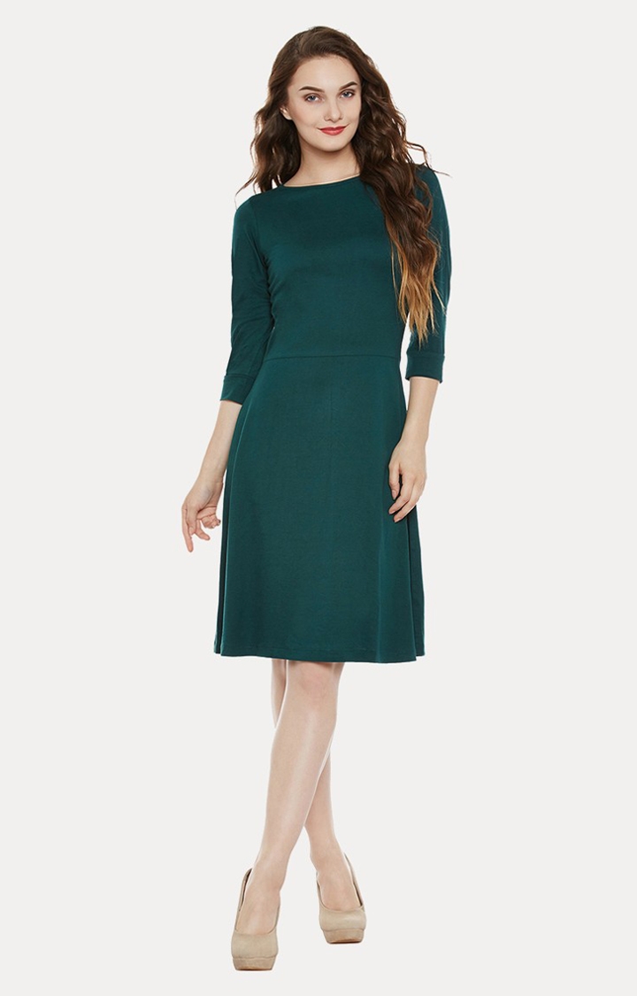 Women's Green Cotton SolidCasualwear Skater Dress