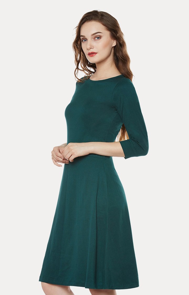 Women's Green Cotton SolidCasualwear Skater Dress