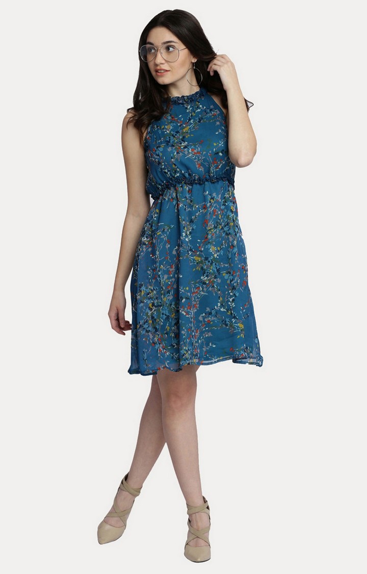 Women's Blue Chiffon PrintedCasualwear Fit & Flare Dress