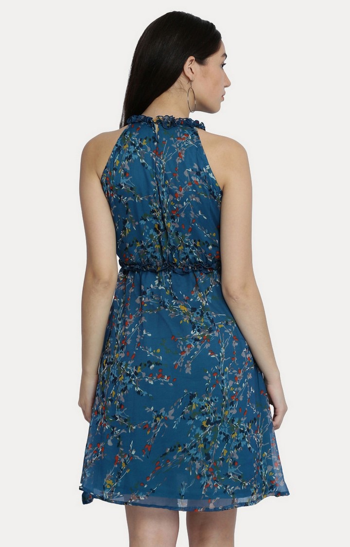 Women's Blue Chiffon PrintedCasualwear Fit & Flare Dress