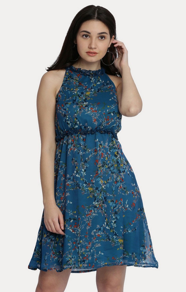 MISS CHASE | Women's Blue Chiffon PrintedCasualwear Fit & Flare Dress